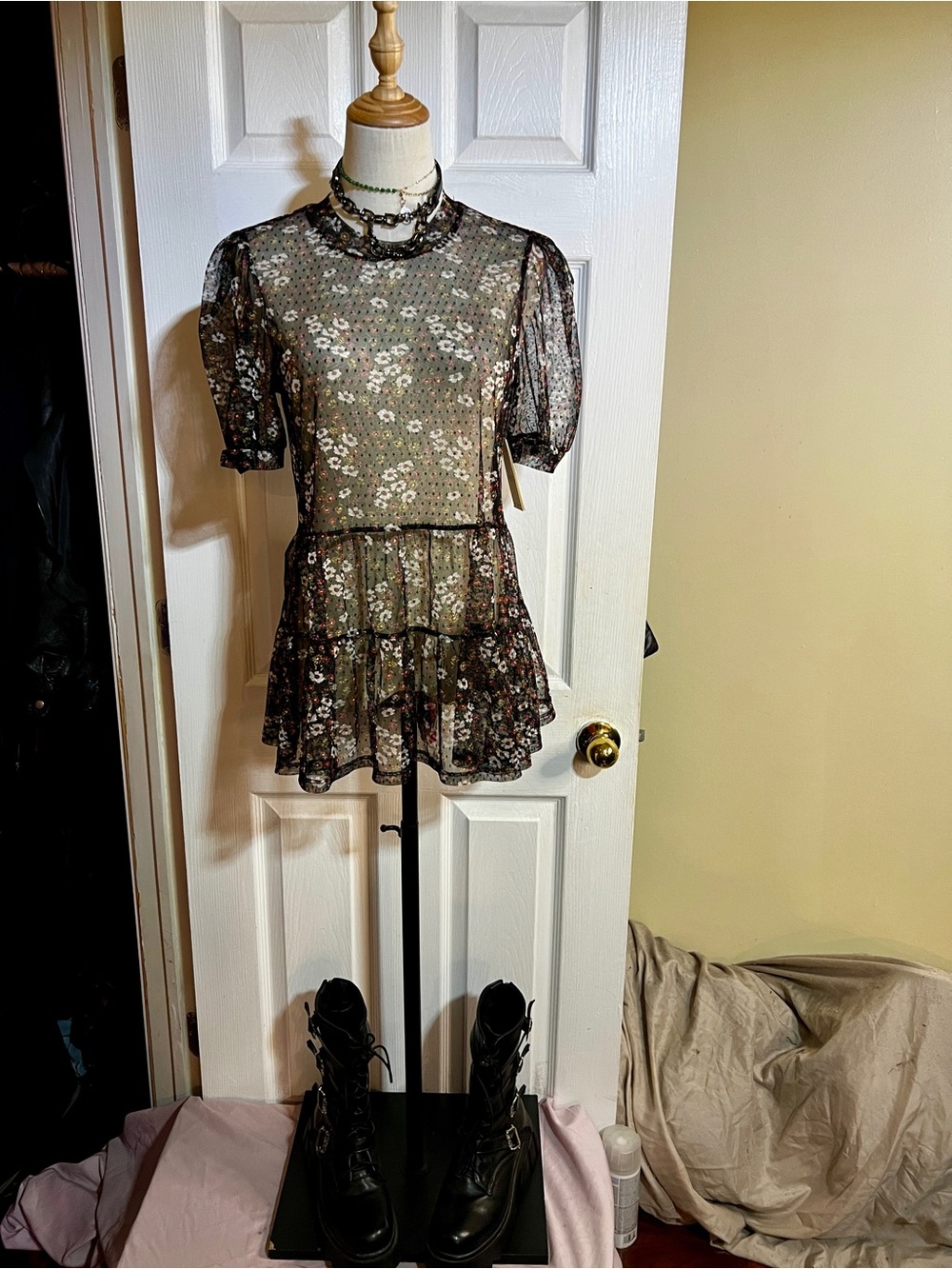 New Meraki Wms Black Sheer Mesh Floral Tiered Boho Puff Sleeve Whimsical‎ Top M